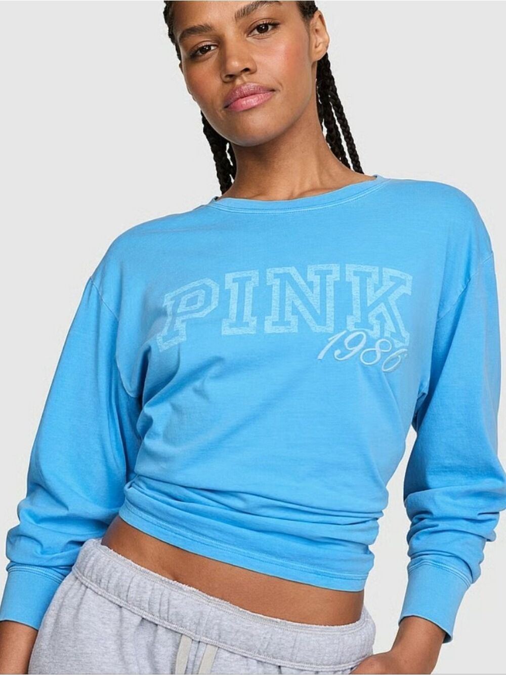 VS PINK Campus Cotton Long-Sleeve Tee Sz XXS Capri Blue NWT